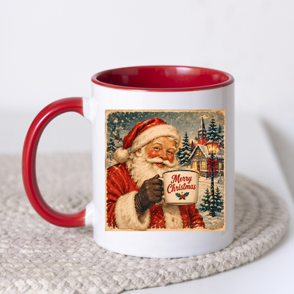 Vintage Santa Claus Mug "Merry Christmas" Merry Christmas 325ml Ceramic Coffee Mug – Vintage Santa Claus Holding Coffee Mug in Snowy Village with Streetlamp | Festive Holiday Gift | Fast Dispatch by UK Seller (M3415)