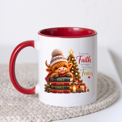 Christmas Mug "Let Your Faith Be Bigger Than Your Fears Highland Cow" 325ml Ceramic Coffee Mug – Highland Cow Mug With Books Christmas Tree Lantern Christian Holiday Gift | Available in Multicolours | Fast Dispatch by UK Seller (M3306)