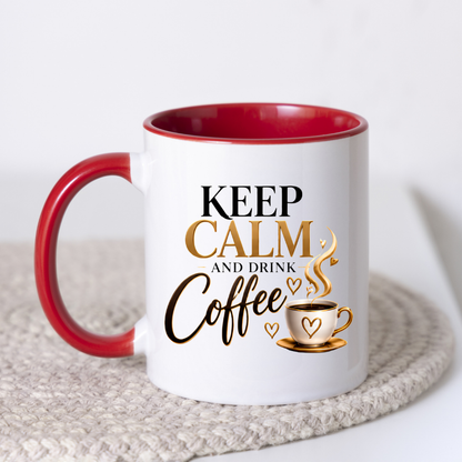 Coffee Mug "Keep Calm And Drink Coffee" 325ml Ceramic Tea Cup – Gold & Brown Typography, Cute Coffee Cup Graphic & Heart Slogan Novelty Gift for Coffee Lovers, Bestie, Colleagues – Fast Dispatch by UK Seller (M3491)