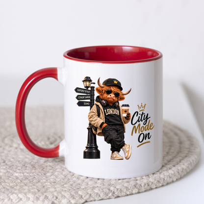 London Mug "City Mode On Cool Highland Cow" City Mode On 325ml Ceramic Coffee Mug – Cool Highland Cow in Cap, Sunglasses & Jacket Leaning on London Street Sign City Gift | Available in Multicolours | Fast Dispatch by UK Seller (M3284)