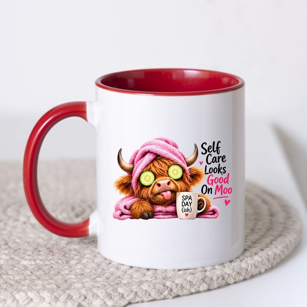 Humorous Mug "Self Care Looks Good On Moo" Highland Cow 325ml Ceramic Coffee Mug Cute Animal Tea Cup with Spa Cucumber Eyes, Pink Towel & Mug Gift | Available in Multicolours | Fast Dispatch by UK Seller (M1277)