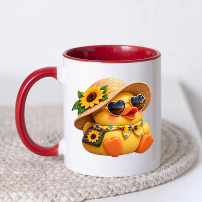Cute Duck Mug "Summer Sunflower Duckling" Summer Sunflower Duckling 325ml Ceramic Coffee Mug – Adorable Yellow Duck in Straw Hat, Heart Sunglasses Sunflower Bag Summer Gift | Available in Multicolours | Fast Dispatch by UK Seller (M3290)