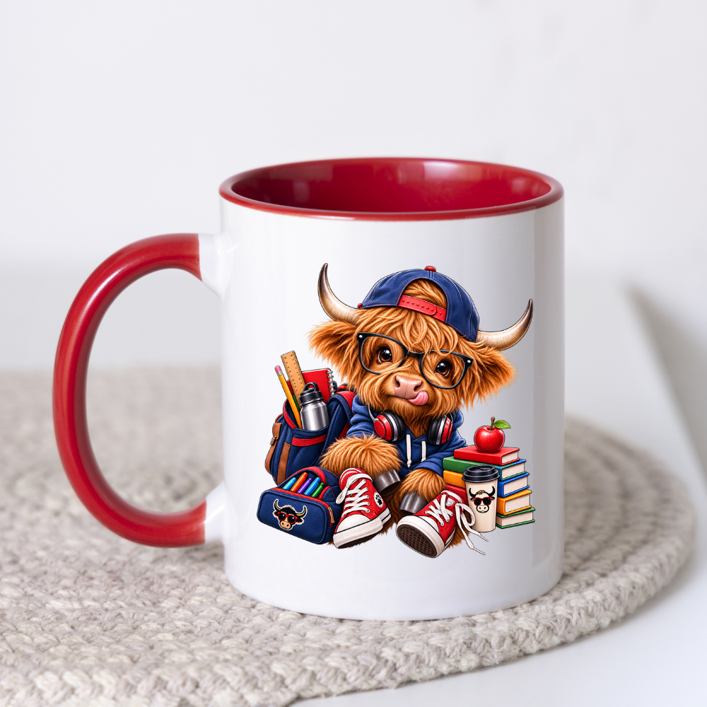 Student Mug "Cool Student Cow" Academic Highland Cow 325ml Ceramic Coffee Mug Trendy School Tea Cup with Glasses and Backpack Graphic Gift | Available in Multicolours | Fast Dispatch by UK Seller (M3153)