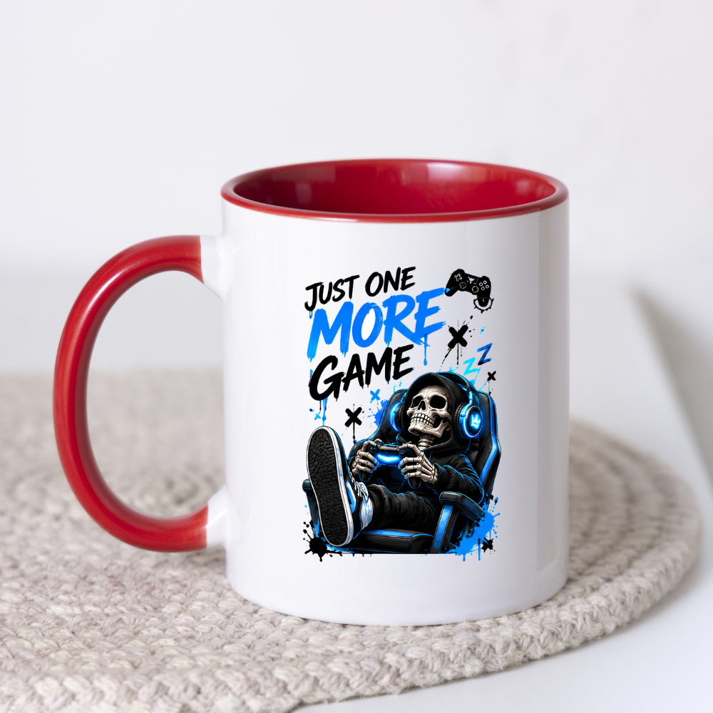 Gaming Mug "Just One More Game" Just One More Game 325ml Ceramic Coffee Mug – Gaming Skeleton in Chair Mug with Controller, Headset & Blue Splatter Art | Gamer Gift | Fast Dispatch by UK Seller (M3344)