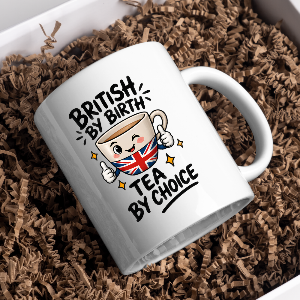 British Tea Mug "BRITISH BY BIRTH TEA BY CHOICE" Funny Tea Cup 325ml Ceramic Coffee Mug Witty Union Jack Tea Cup with Cartoon Character Gift | Available in Multicolours | Fast Dispatch by UK Seller (M3001)