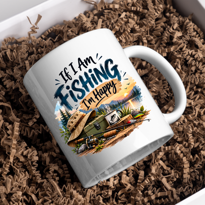 Fishing Mug "If I Am Fishing I’m Happy" Angler Ceramic Coffee Cup 350ml, Fishing Rod Lake Sunset Outdoor Hobby Novelty Gift for Fisherman Dad Grandad Husband Boyfriend, Birthday Christmas Fathers Day Secret Santa | Fast Dispatch by UK Seller (M1054)