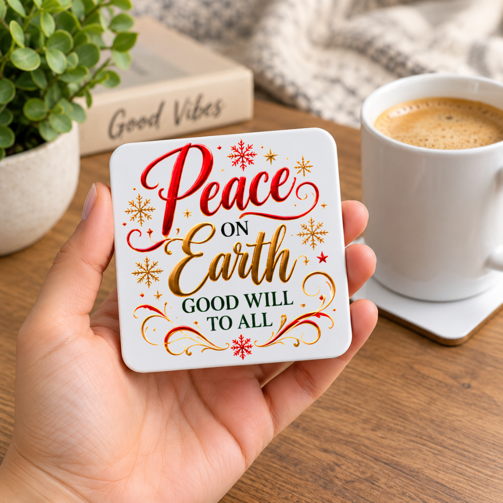 Festive Christian Christmas Coaster "Peace on Earth Good Will to All" Graphic Glossy Hardboard 9x9cm Drinks Mat – Red & Golden Script Holiday Tableware Gift | Fast Dispatch by UK Seller (C3055)