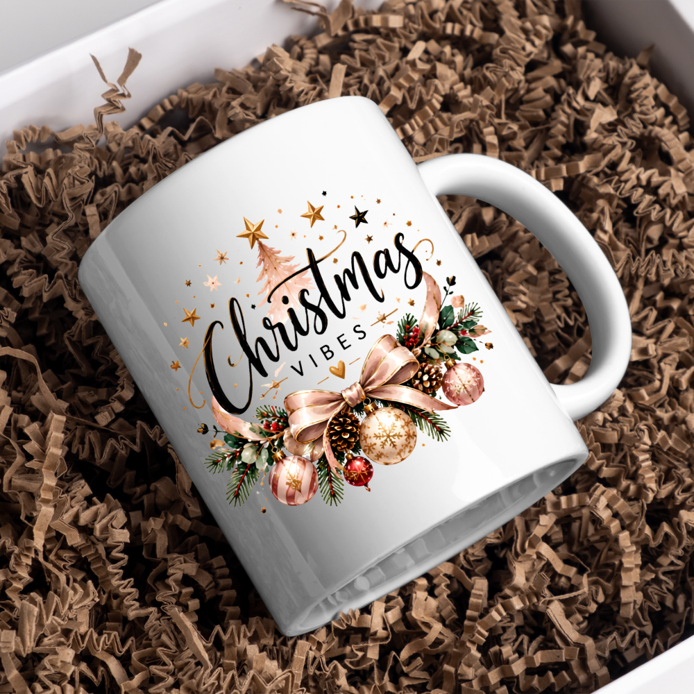 Elegant Rose Gold Christmas Mug "Christmas Vibes" Elegant Christmas Vibes 325ml Ceramic Coffee Mug – Rose Gold Ribbon Bow, Baubles, Pine Garlands & Starry Christmas Tree Slogan | Festive Holiday Gift | Fast Dispatch by UK Seller (M3437)