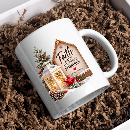 Christmas Mug "Faith Makes All Things Possible Matthew 19:26" 325ml Ceramic Coffee Mug – Cozy Winter Lantern Snow Covered Tree Wooden Sign Christian Holiday Gift | Available in Multicolours | Fast Dispatch by UK Seller (M3298)