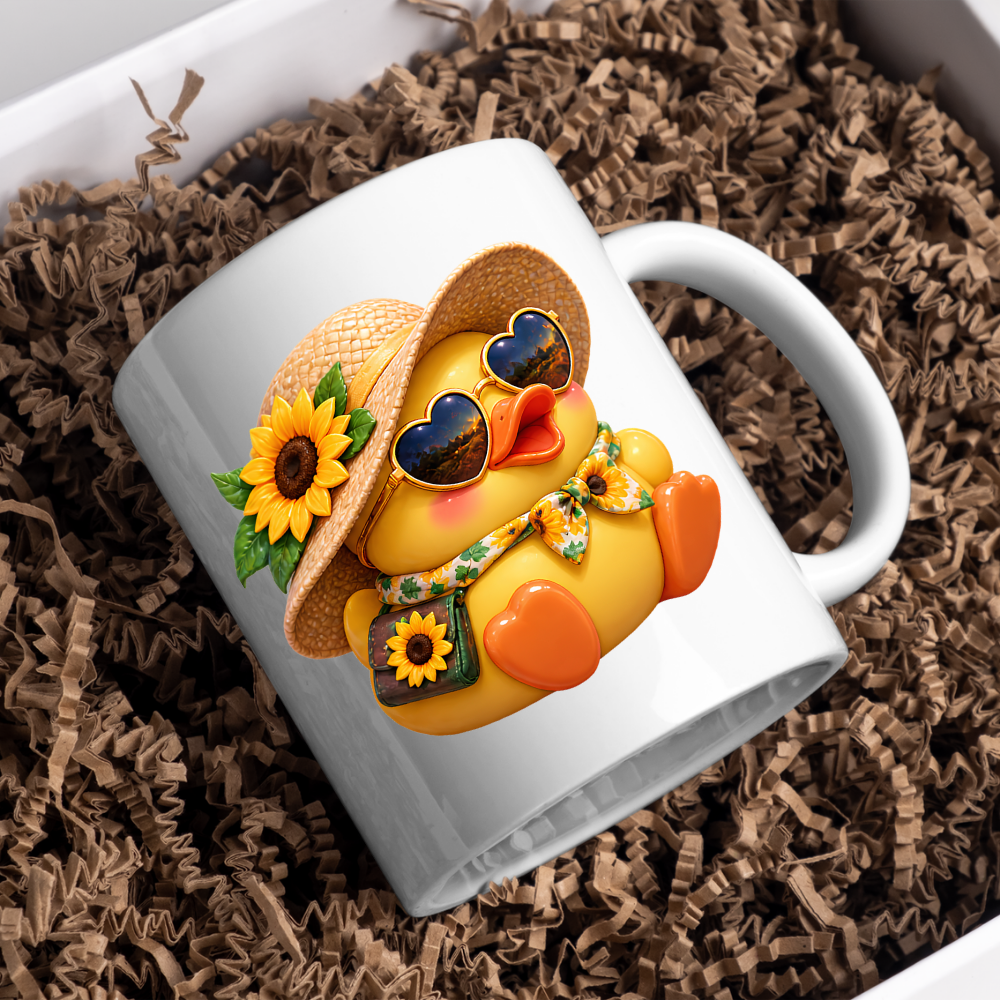 Cute Duck Mug "Summer Sunflower Duckling" Summer Sunflower Duckling 325ml Ceramic Coffee Mug – Adorable Yellow Duck in Straw Hat, Heart Sunglasses Sunflower Bag Summer Gift | Available in Multicolours | Fast Dispatch by UK Seller (M3290)