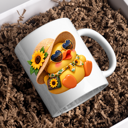 Cute Duck Mug "Summer Sunflower Duckling" Summer Sunflower Duckling 325ml Ceramic Coffee Mug – Adorable Yellow Duck in Straw Hat, Heart Sunglasses Sunflower Bag Summer Gift | Available in Multicolours | Fast Dispatch by UK Seller (M3290)