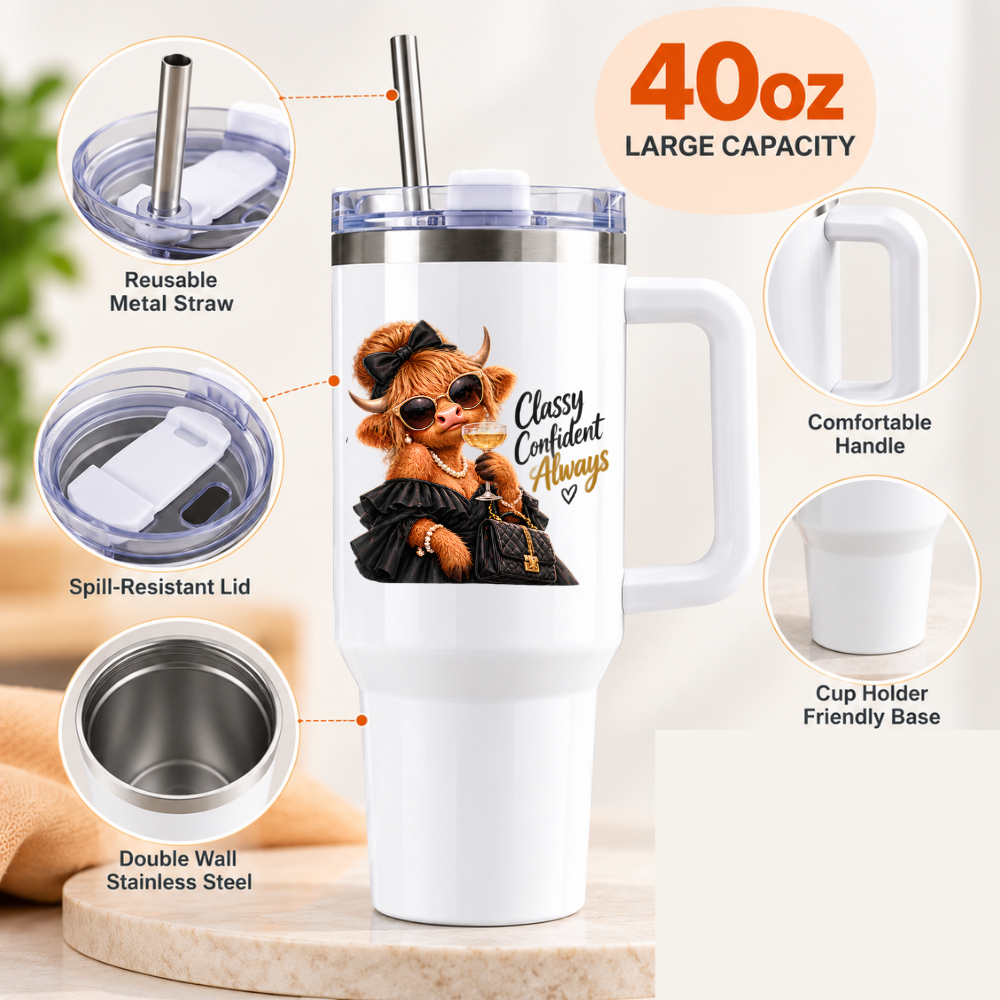 Sassy Highland Cow Travel Tumbler "Classy Confident Always" Graphic 40oz Stainless Steel Insulated Travel Mug with Handle & Straw – Fashion Cow in Black Dress, Pearl Necklace, Sunglasses & Drink Novelty Travel Cup | Fast Dispatch by UK Seller (T3023)