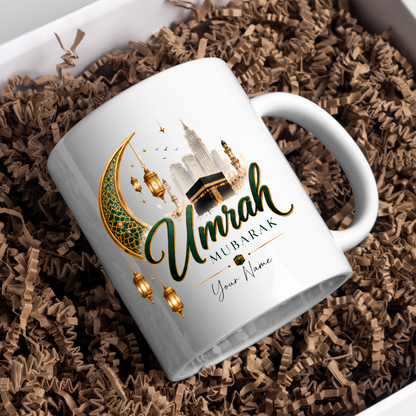 Personalised Umrah Mubarak Mug 325ml Ceramic Coffee Tea Cup – Custom Name, Green & Gold Crescent Moon, Lanterns & Kaaba Religious Pilgrimage Gift for Family, Friends, Hajj Celebration – Fast Dispatch by UK Seller (M3485)