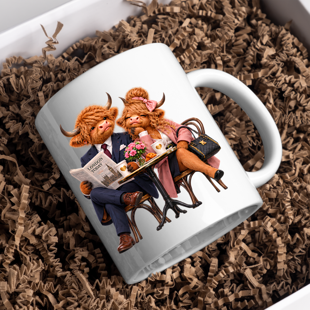 Fashion Mug "London Cafe Highland Cow Couple" London Cafe Highland Cow Couple 325ml Ceramic Coffee Mug – Chic London Today Newspaper Tea Cup With Suit Pink Coat Bistro Coffee Graphic Gift | Available in Multicolours | Fast Dispatch by UK Seller (M3189)