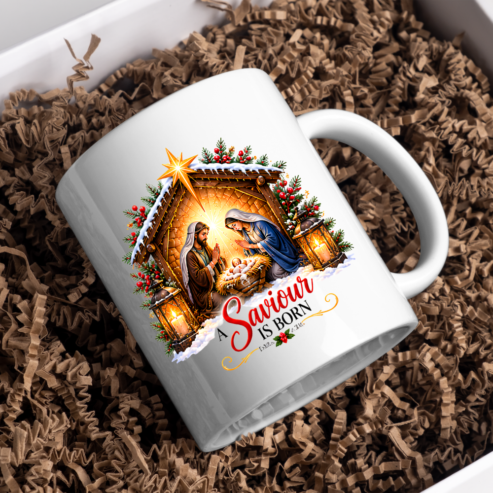Religious Christmas Mug "A Saviour Is Born" A Saviour Is Born 325ml Ceramic Coffee Mug – Nativity Scene Christmas Mug with Baby Jesus, Mary & Joseph | Christian Holiday Gift | Fast Dispatch by UK Seller (M3338)