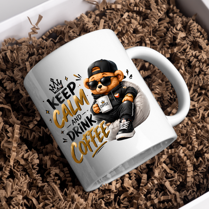 Teddy Bear Mug "Keep Calm And Drink Coffee" 325ml Ceramic Coffee Tea Cup – Cool Bear Graphic, Sunglasses, Hoodie & Slogan Novelty Gift for Coffee Lovers, Birthday – Fast Dispatch by UK Seller (M3504)