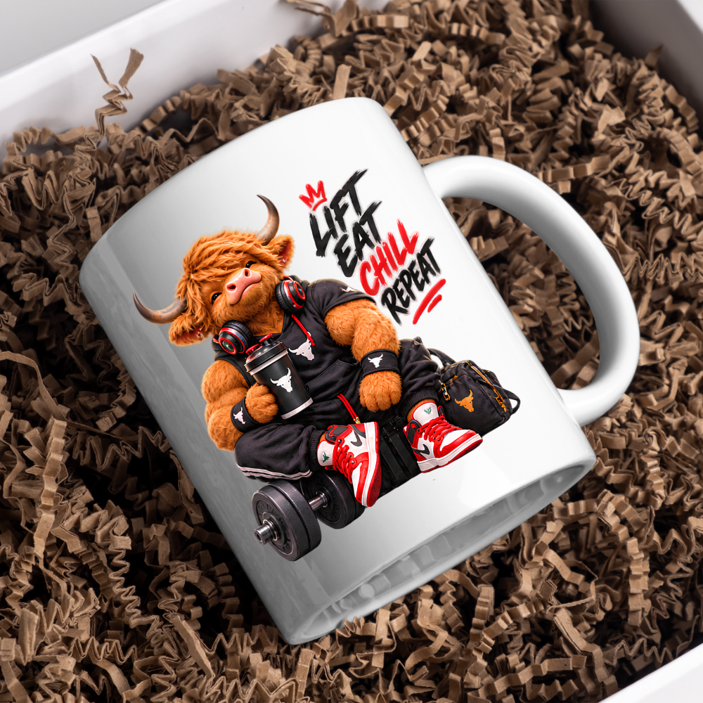 Gym Mug "Lift Eat Chill Repeat Highland Cow" Lift Eat Chill Repeat 325ml Ceramic Coffee Mug – Muscular Highland Cow in Sleeveless Hoodie & Headphones Holding Shaker Cup Gym Fitness Gift | Available in Multicolours | Fast Dispatch by UK Seller (M3272)