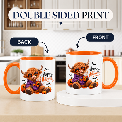 Halloween Mug "Highland Cow Hoodie Happy Halloween" Highland Cow Hoodie Happy Halloween 325ml Ceramic Coffee Mug – Cute Halloween Autumn Tea Cup Purple Hoodie Jack O Lantern Sunglasses Pumpkin Drink Graphic Gift | Fast Dispatch by UK Seller (M3219)