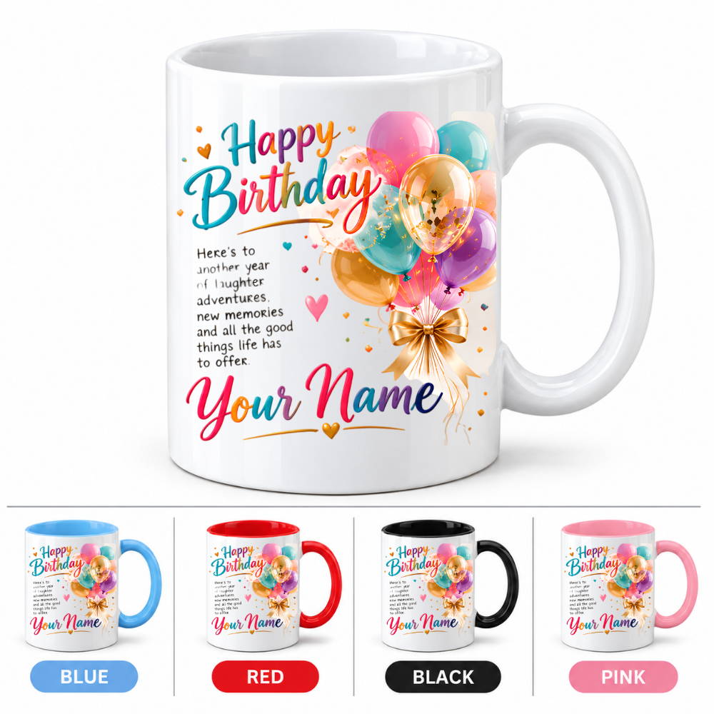 Personalised Birthday Mug "Happy Birthday" 325ml Ceramic Coffee Tea Cup – Colorful Balloons, Confetti, Custom Name & Laughter Wish Slogan Novelty Gift for Bestie, Friends, Birthday – Fast Dispatch by UK Seller (M3511)