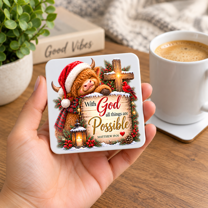 Festive Christian Christmas Coaster "With God All Things Are Possible Matthew 19:26" Graphic Glossy Hardboard 9x9cm Drinks Mat – Highland Cow, Wooden Cross, Lantern & Red Cardinal Holiday Tableware Gift | Fast Dispatch by UK Seller (C3061)