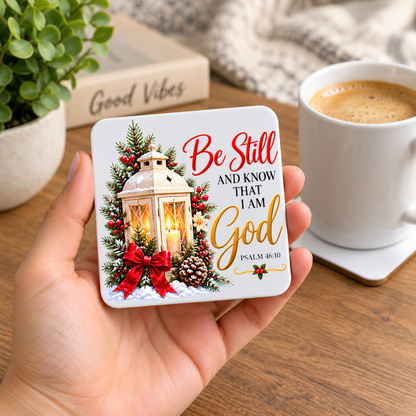 Inspirational Religious Hardboard Coaster "Be Still And Know That I Am God" Graphic 9cm x 9cm Square Drinks Coaster “ White Vintage Lantern with Red Bow, Pine Branches & Pinecones Novelty Mat | Christian Glossy Gift | Fast Dispatch by UK Seller (C3035)
