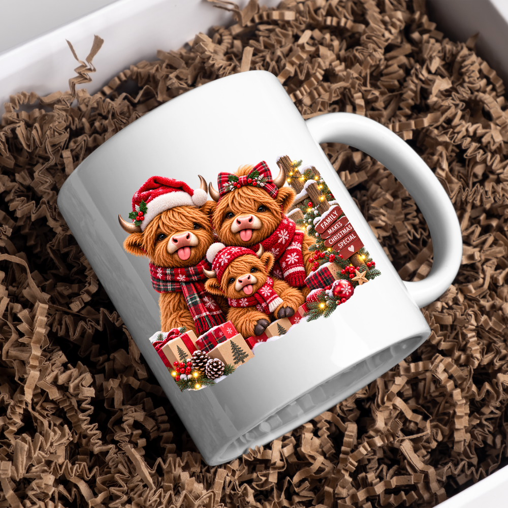 Christmas Highland Cow Family Mug "Family Makes Christmas Special" Christmas Highland Cow Family 325ml Ceramic Coffee Mug – Cute Highland Cow Family with Wooden Sign, Santa Hat, Scarves & Gifts | Festive Holiday Gift | Fast Dispatch by UK Seller (M3376)