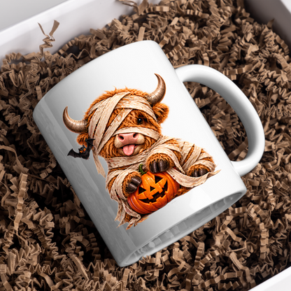 Halloween Mug "Mummy Highland Cow" Mummy Highland Cow 325ml Ceramic Coffee Mug Cute Spooky Halloween Tea Cup with Bandages and Pumpkin Graphic Gift | Available in Multicolours | Fast Dispatch by UK Seller (M3161)