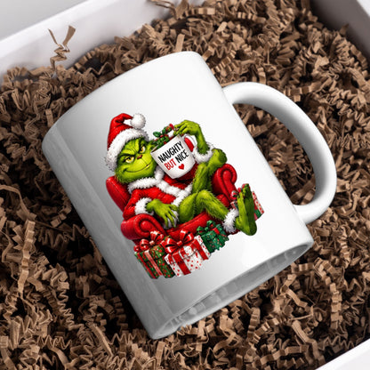 Sarcastic Mug "Naughty But Nice" Green Holiday Character 325ml Ceramic Coffee Mug Funny Grumpy Christmas Tea Cup with Santa Suit & Armchair Gift | Available in Multicolours | Fast Dispatch by UK Seller (M1239)