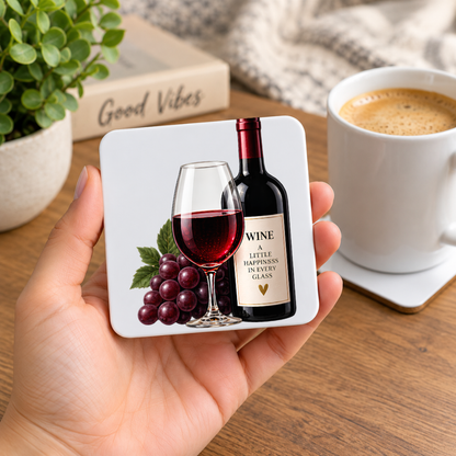 Elegant Wine Hardboard Coaster "Wine A Little Happiness in Every Glass" Graphic 9cm x 9cm Square Drinks Coaster “ Red Wine Bottle & Glass with Purple Grapes Novelty Mat | Elegant Glossy Gift for Wine Lovers | Fast Dispatch by UK Seller (C3015)
