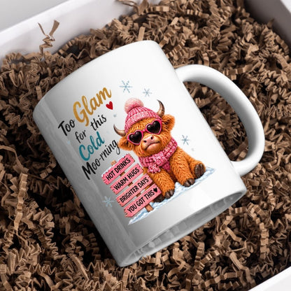 Sassy Mug "Too Glam for this Cold Moo-rning" Highland Cow 325ml Ceramic Coffee Mug Cute Winter Tea Cup with Heart Sunglasses, Pink Beanie & Motivational Sign Gift | Available in Multicolours | Fast Dispatch by UK Seller (M1297)