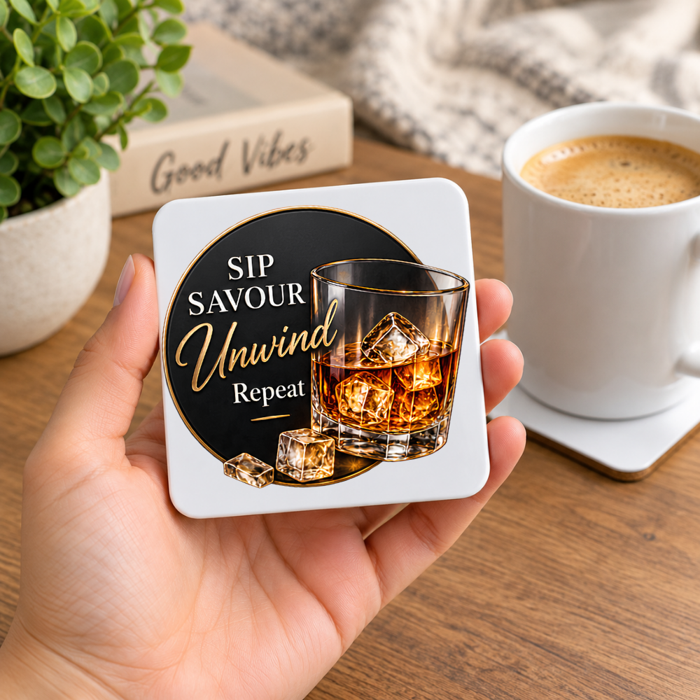 Sophisticated Whiskey Hardboard Coaster "Sip Savour Unwind Repeat" Graphic 9cm x 9cm Square Drinks Coaster  "Tumbler Glass with Ice Cubes & Gold Rim Circular Frame Novelty Mat | Elegant Glossy Gift for Whiskey Lovers | Fast Dispatch by UK Seller (C3009)