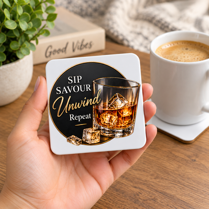 Sophisticated Whiskey Hardboard Coaster "Sip Savour Unwind Repeat" Graphic 9cm x 9cm Square Drinks Coaster  "Tumbler Glass with Ice Cubes & Gold Rim Circular Frame Novelty Mat | Elegant Glossy Gift for Whiskey Lovers | Fast Dispatch by UK Seller (C3009)