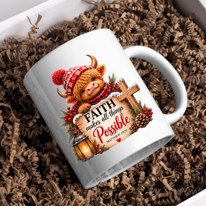 Christmas Mug "Faith Makes All Things Possible Matthew 19:26" Faith Makes All Things Possible 325ml Ceramic Coffee Mug – Festive Highland Cow Mug With Wooden Cross Lantern Holiday Gift | Available in Multicolours | Fast Dispatch by UK Seller (M3318)