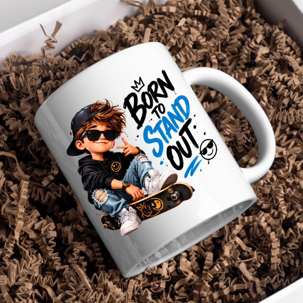 Skater Mug "Born To Stand Out" 325ml Ceramic Coffee Tea Cup – Cool Boy Graphic, Sunglasses, Skateboard & Slogan Novelty Gift for Teens, Bestie, Birthday – Fast Dispatch by UK Seller (M3498)