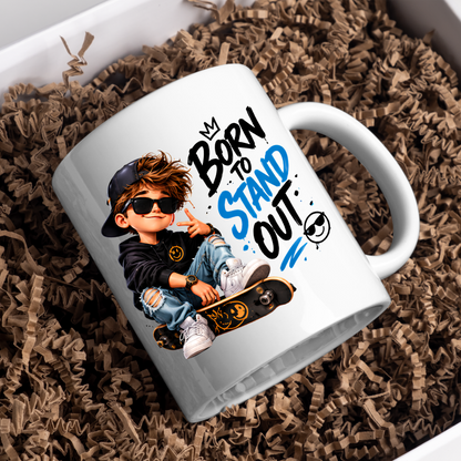 Skater Mug "Born To Stand Out" 325ml Ceramic Coffee Tea Cup – Cool Boy Graphic, Sunglasses, Skateboard & Slogan Novelty Gift for Teens, Bestie, Birthday – Fast Dispatch by UK Seller (M3498)