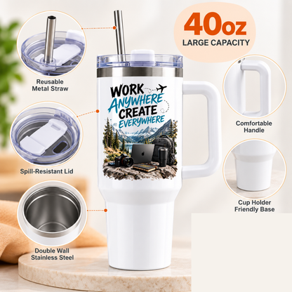 Digital Nomad Travel Tumbler "Work anywhere create everywhere" Graphic 40oz Stainless Steel Insulated Travel Mug with Handle & Straw – Mountain Lake Remote Workspace, Laptop, Camera & Backpack Gift for Travelers | Fast Dispatch by UK Seller (T3056)