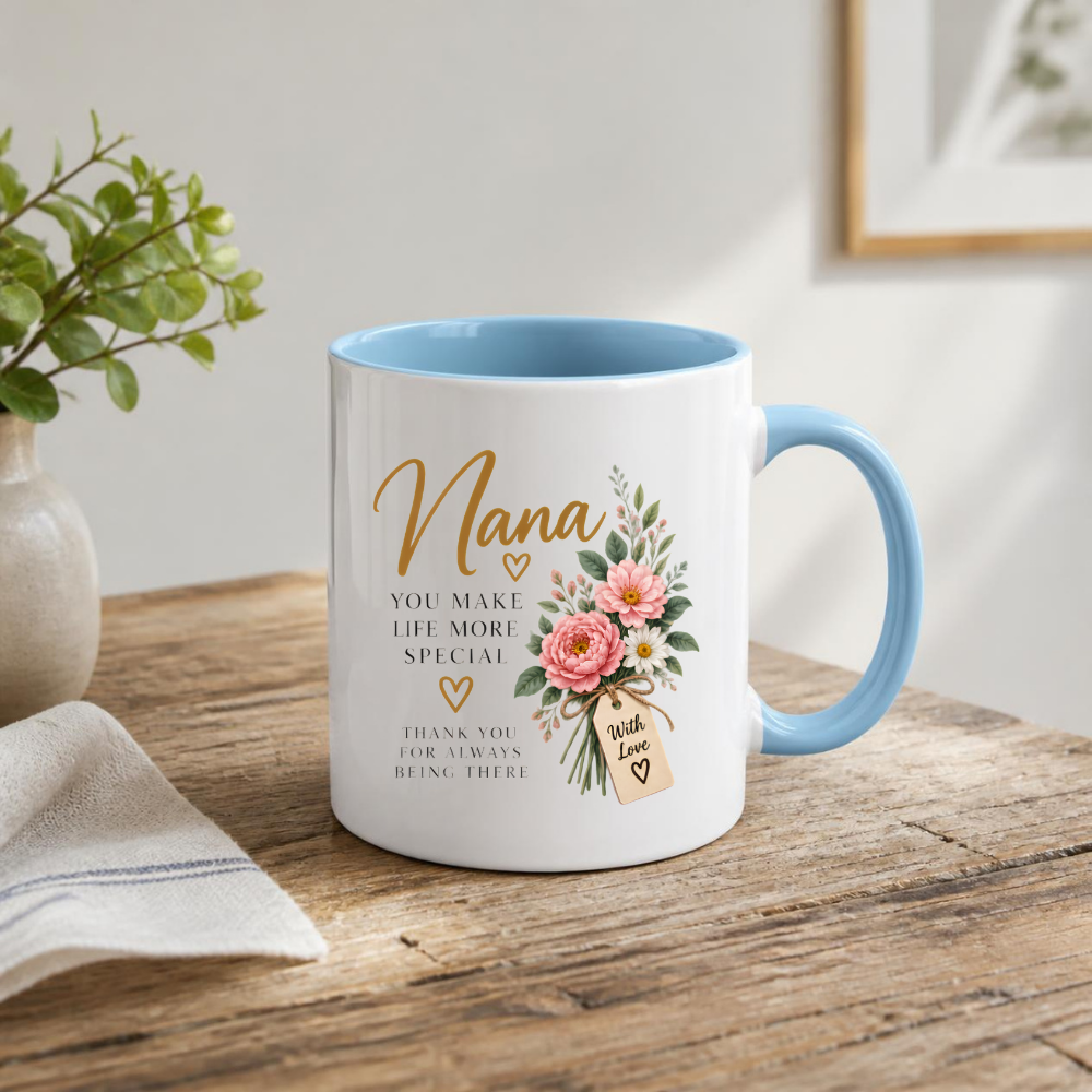 Family Mug "Nana YOU MAKE LIFE MORE SPECIAL" Floral 325ml Ceramic Coffee Mug Sweet Grandma Tea Cup with Pink Peonies Bouquet & Gift Tag Graphic Gift | Available in Multicolours | Fast Dispatch by UK Seller (M3019)