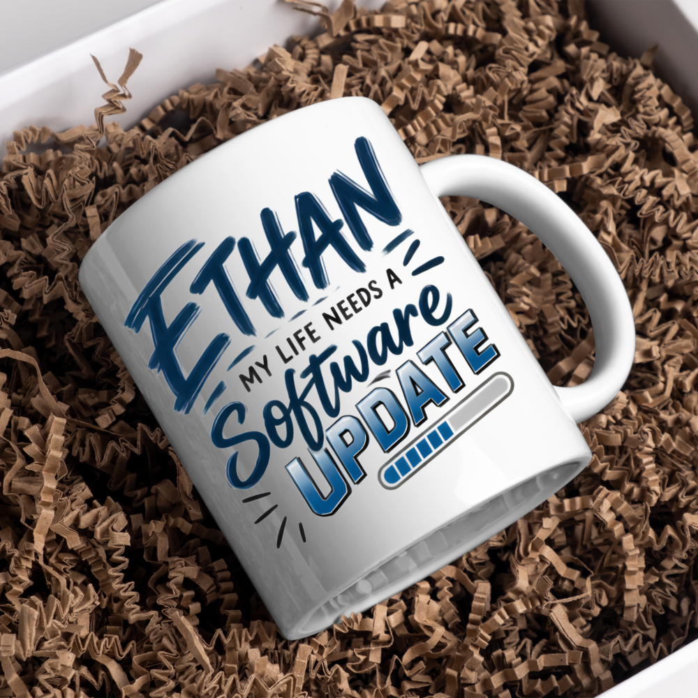 Personalized Name Mug "Ethan My Life Needs A Software Update" Ethan My Life Needs A Software Update 325ml Ceramic Coffee Mug – Custom Name Typography Slogan with Progress Loading Bar Graphic | Funny Tech Gift | Fast Dispatch by UK Seller (M3425)