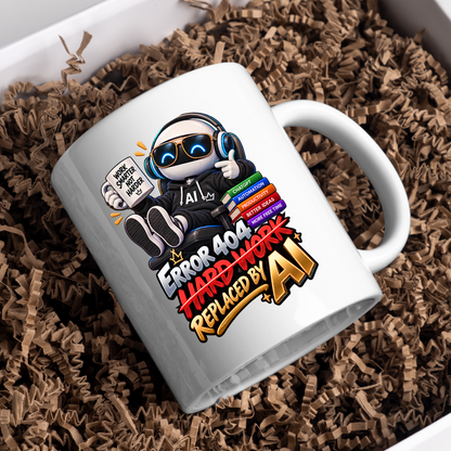 Tech Mug "Error 404 Hard Work Replaced By AI" Error 404 Hard Work Replaced By AI 325ml Ceramic Coffee Mug – Funny Robot IT Developer Mug with Work Smarter Not Harder & ChatGPT Books | Tech Gift | Fast Dispatch by UK Seller (M3324)