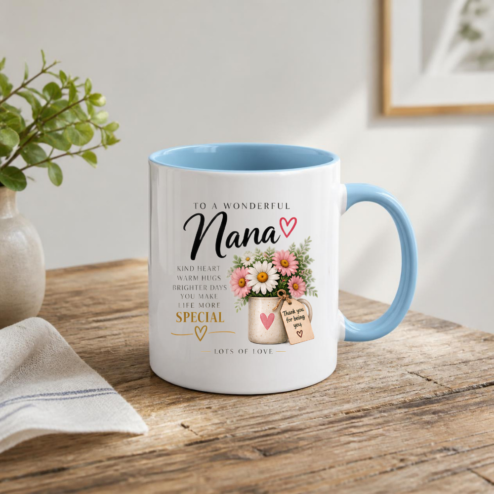 Family Mug "TO A WONDERFUL Nana KIND HEART WARM HUGS" Floral 325ml Ceramic Coffee Mug Sweet Grandma Tea Cup with Pink & White Daisies Flower Pot Graphic Gift | Available in Multicolours | Fast Dispatch by UK Seller (M3013)