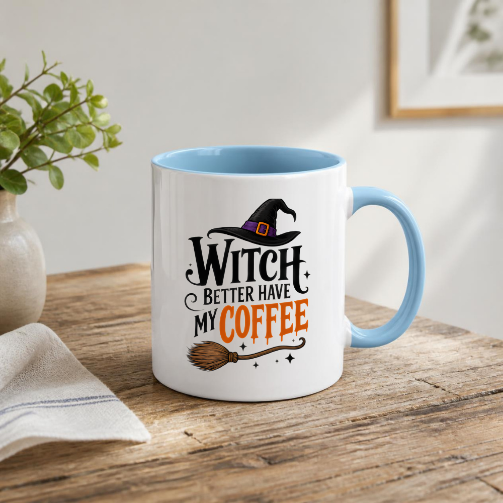 Halloween Mug "WITCH BETTER Have My Coffee" Funny Witch Hat 325ml Ceramic Coffee Mug – Novelty Autumn Tea Cup with Witch Broom & Orange Text Graphic Gift | Available in Multicolours | Fast Dispatch by UK Seller (M3069)