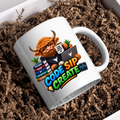 Coding Mug "Code Sip Create Highland Cow" 325ml Ceramic Coffee Mug – Cute Highland Cow Developer with Glasses Books Laptop Code Brew Repeat Cup Tech Gift For Programmers Coders | Available in Multicolours | Fast Dispatch by UK Seller (M3229)