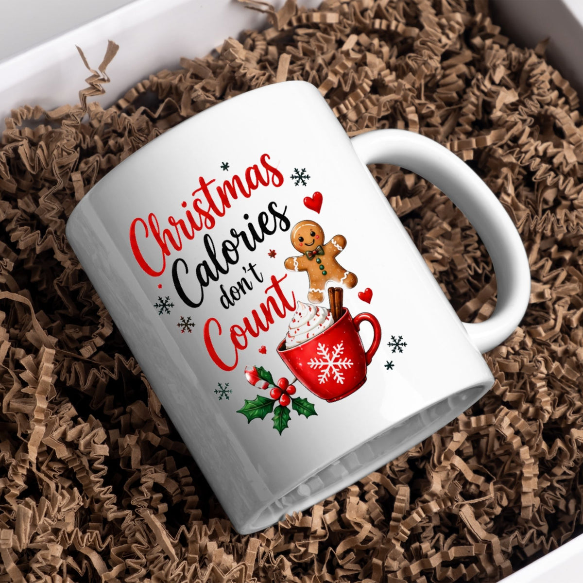 Festive Mug "Christmas Calories don't Count" Gingerbread & Hot Chocolate 325ml Ceramic Coffee Mug – Sweet Winter Holiday Tea Cup with Whipped Cream Holiday Treats | Available in Multicolours | Fast Dispatch by UK Seller (M1267)