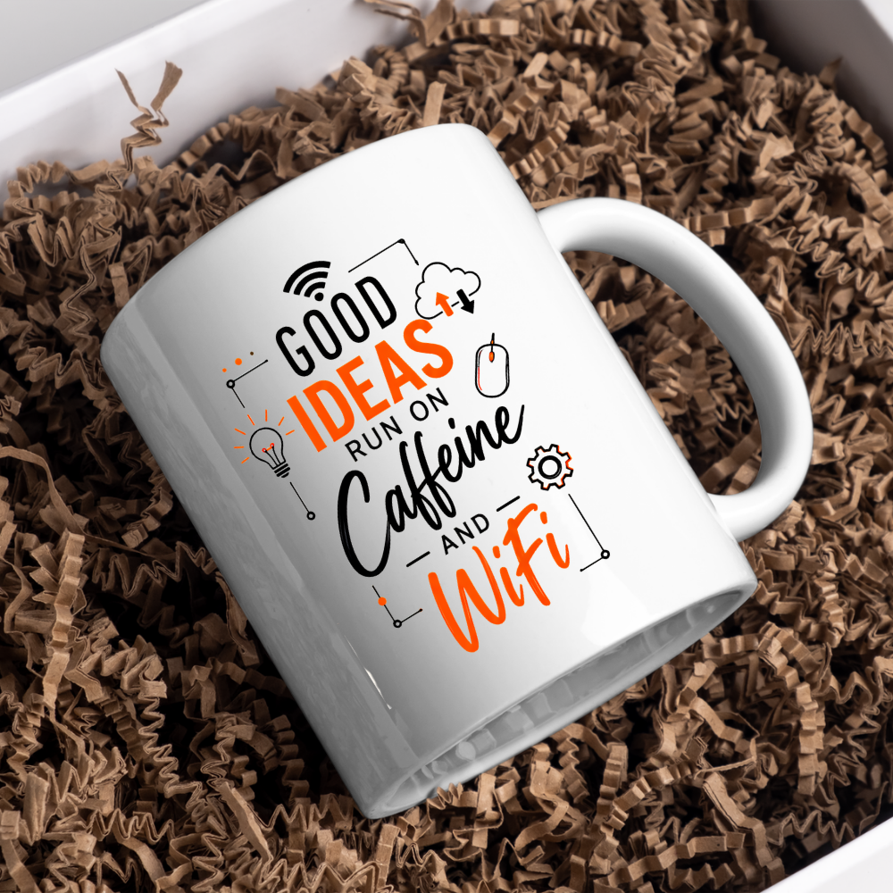 Tech Mug "Good Ideas Run On Caffeine And WiFi" Good Ideas Run On Caffeine And WiFi 325ml Ceramic Coffee Mug – Funny Tech & Office Typography Mug with Lightbulb, Cloud & WiFi Icons | Gift for IT & Remote Workers | Fast Dispatch by UK Seller (M3332)