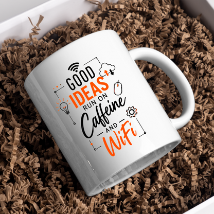 Tech Mug "Good Ideas Run On Caffeine And WiFi" Good Ideas Run On Caffeine And WiFi 325ml Ceramic Coffee Mug – Funny Tech & Office Typography Mug with Lightbulb, Cloud & WiFi Icons | Gift for IT & Remote Workers | Fast Dispatch by UK Seller (M3332)