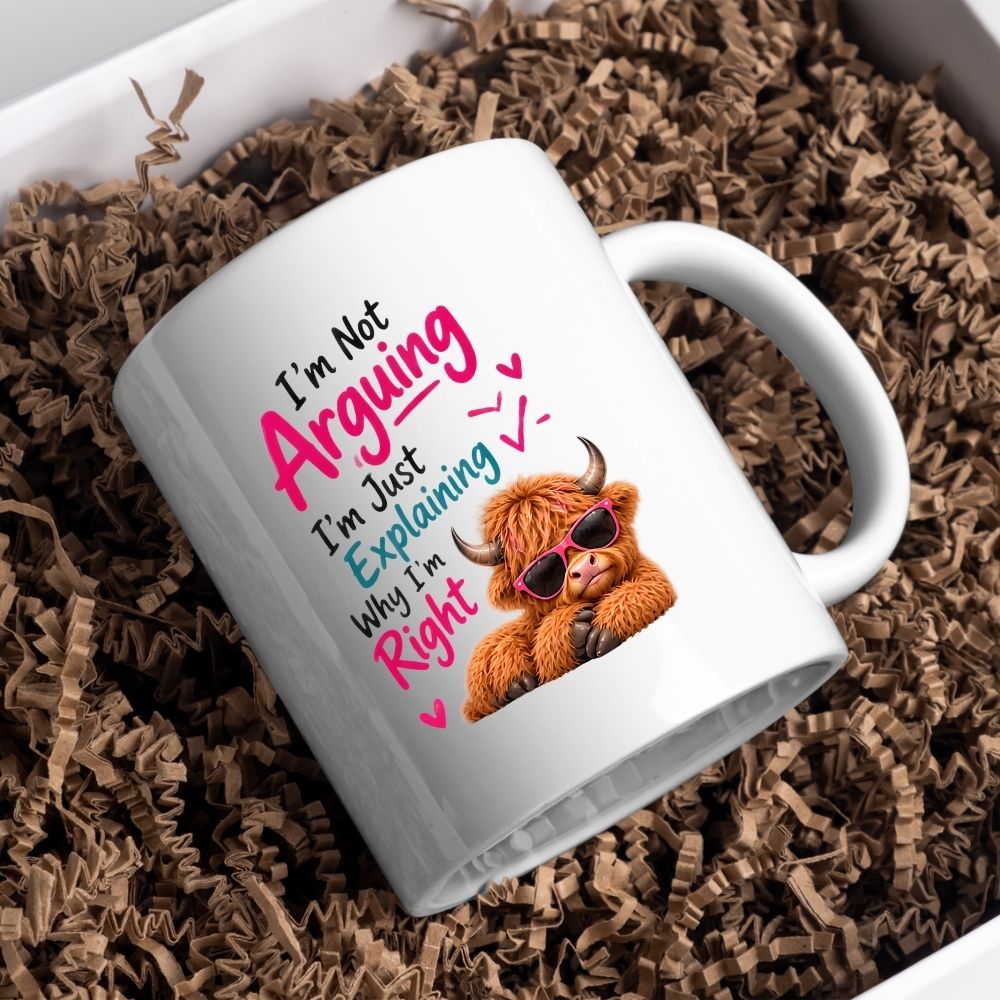 Sassy Mug "I'm Not Arguing I'm Just Explaining Why I'm Right" Highland Cow 325ml Ceramic Coffee Mug – Funny Sarcastic Tea Cup with Pink Sunglasses Hearts Gift | Available in Multicolours | Fast Dispatch by UK Seller (M1283)