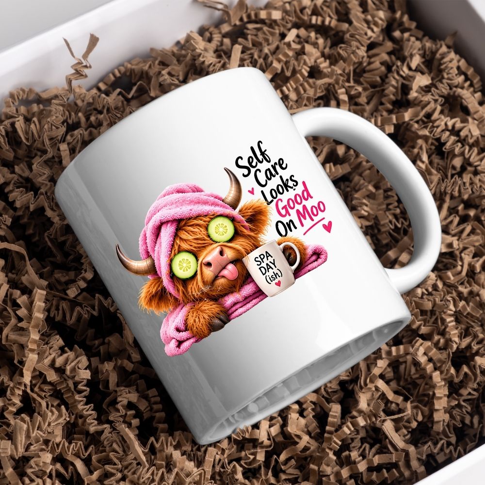 Humorous Mug "Self Care Looks Good On Moo" Highland Cow 325ml Ceramic Coffee Mug Cute Animal Tea Cup with Spa Cucumber Eyes, Pink Towel & Mug Gift | Available in Multicolours | Fast Dispatch by UK Seller (M1277)