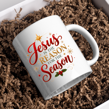 Christmas Mug "Jesus Is The Reason For The Season" 325ml Ceramic Coffee Mug – Festive Christian Typography Mug With Star Of Bethlehem Holly Gold Stars Holiday Gift | Available in Multicolours | Fast Dispatch by UK Seller (M3312)