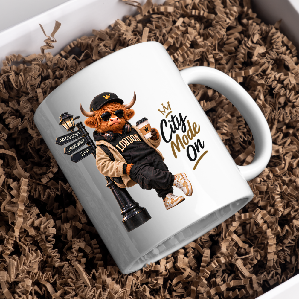 London Mug "City Mode On Cool Highland Cow" City Mode On 325ml Ceramic Coffee Mug – Cool Highland Cow in Cap, Sunglasses & Jacket Leaning on London Street Sign City Gift | Available in Multicolours | Fast Dispatch by UK Seller (M3284)