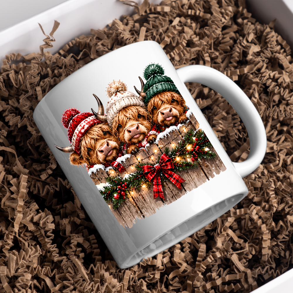 Highland Cows Christmas Fence Mug "Merry & Bright" Festive Highland Cows 325ml Ceramic Coffee Mug – Three Cute Cows in Winter Bobble Hats Behind Snowy Fence with Fairy Lights & Red Tartan Bow | Christmas Gift | Fast Dispatch by UK Seller (M3429)